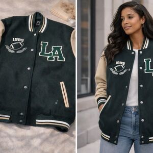Forever 21 Dark Green and Cream Varsity Jacket with LA Patch